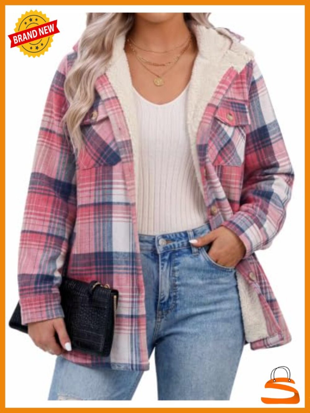 Plus Size Plaid Shacket Fleece Hooded Button Down Casual Jacket Coat